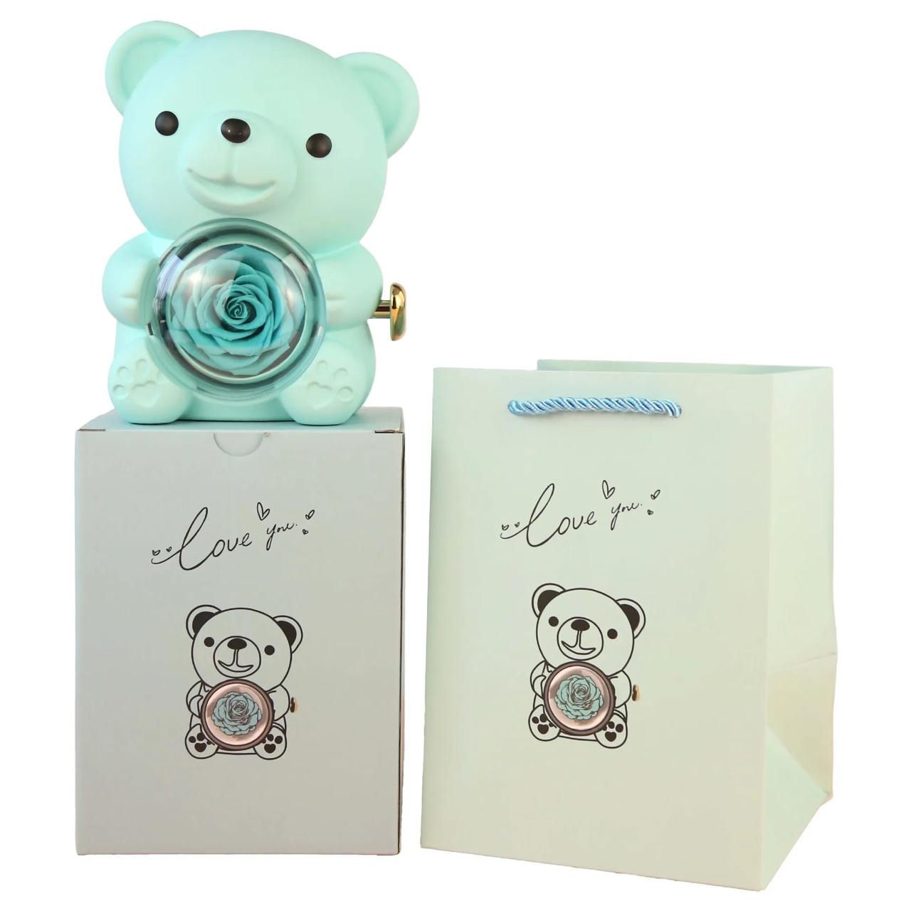 Rotating Eternal Rose Jewelry Box with Custom Name Necklace - Teddy Bear Gift Box for Weddings & Special Occasions