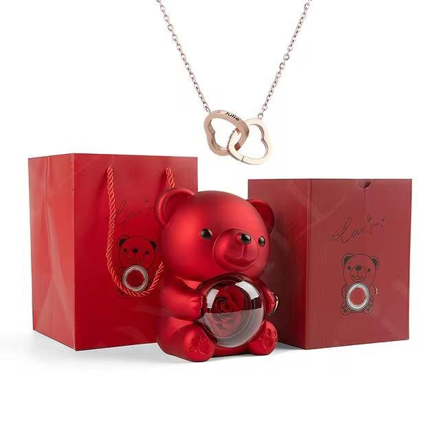 Rotating Eternal Rose Jewelry Box with Custom Name Necklace - Teddy Bear Gift Box for Weddings & Special Occasions