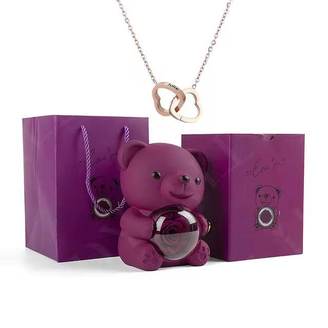 Rotating Eternal Rose Jewelry Box with Custom Name Necklace - Teddy Bear Gift Box for Weddings & Special Occasions