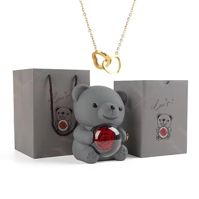 Rotating Eternal Rose Jewelry Box with Custom Name Necklace - Teddy Bear Gift Box for Weddings & Special Occasions