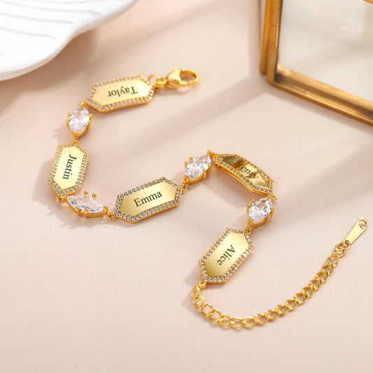 Custom Family Names Bracelet, 18K Gold Plated, Stainless Steel